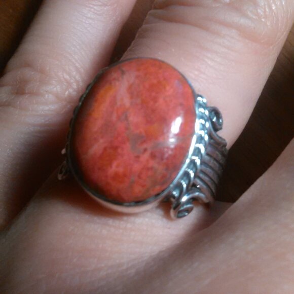 Santa Fe Style Enhanced Red Coral Sterling Silver Ring (Size 6) - Picture 9 of 15